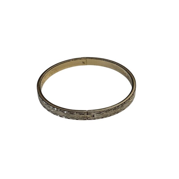 Vintage Gold-Tone Hinged Bangle Bracelet With Engraved Pattern Design - Picture 3 of 6